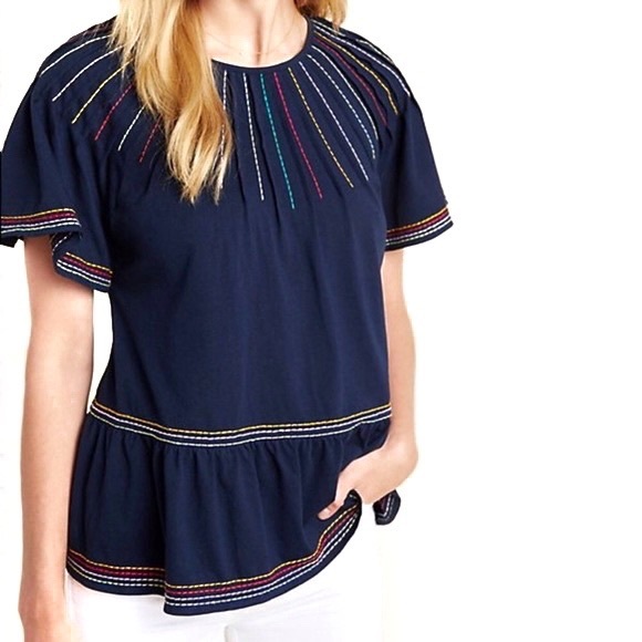 Maeve Anthropologie Chamonix Rainbow Embroidered Swing Top Size Extra Small Blue - Picture 2 of 16